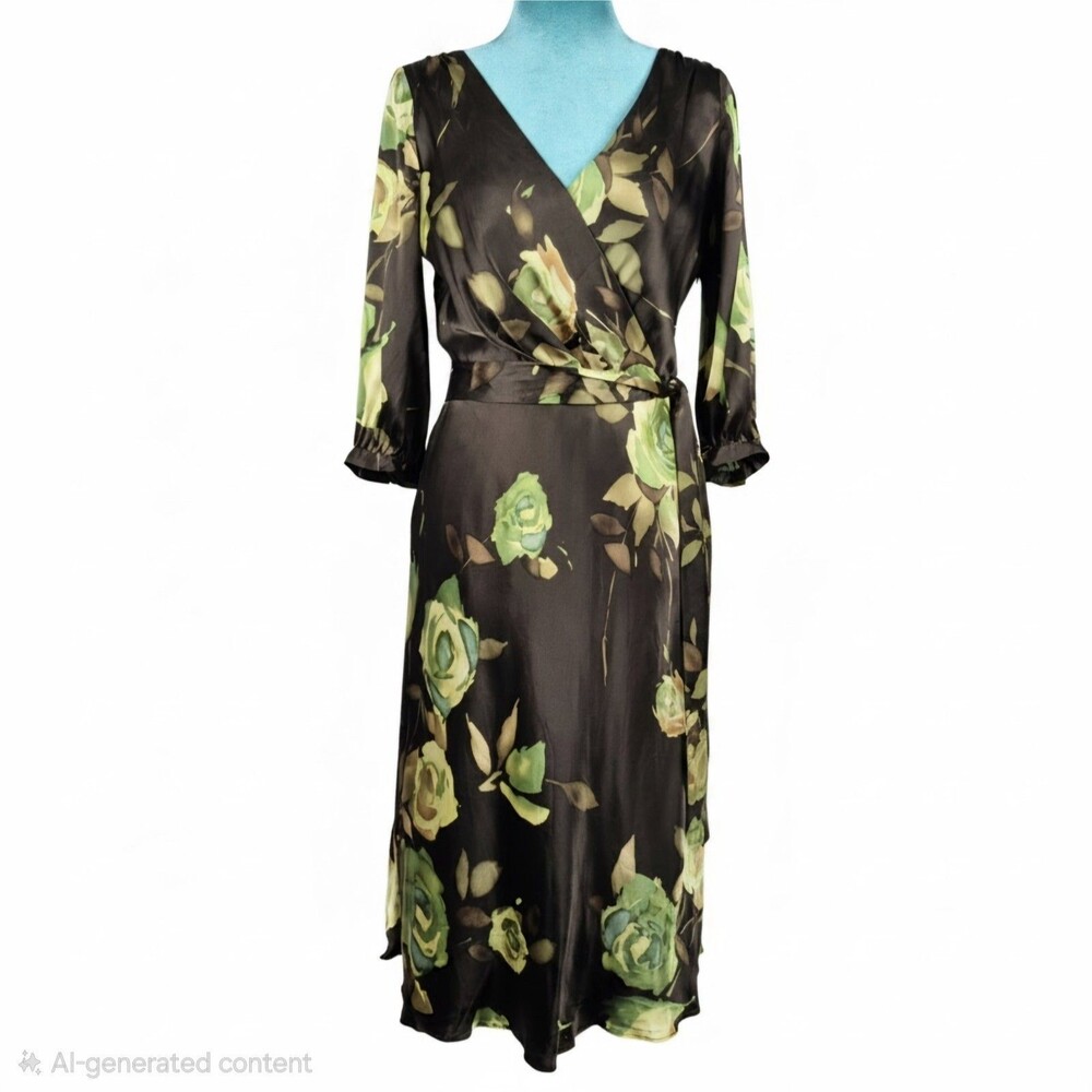 Banana Republic Midi Silk Dress Women's Size 2 Brown Green Floral Forest Fairy